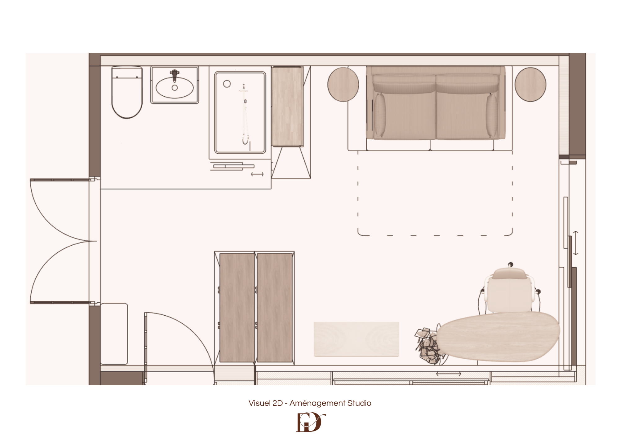 Plan 2D du projet Gaudine : implantation du studio polyvalent avec couchage, bureau, salle de bains et rangements