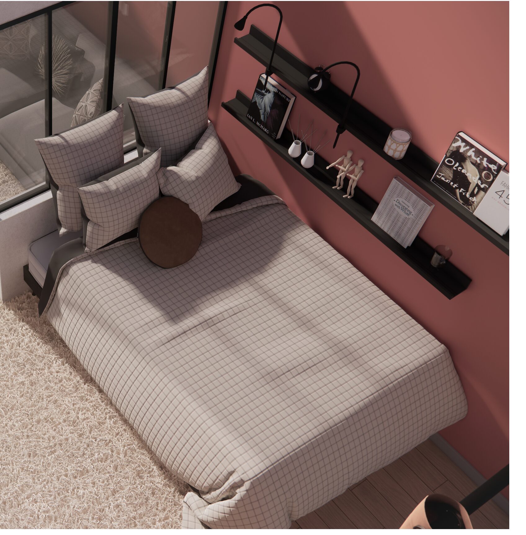 Chambre du projet Henin, mur terracotta et étagères noires