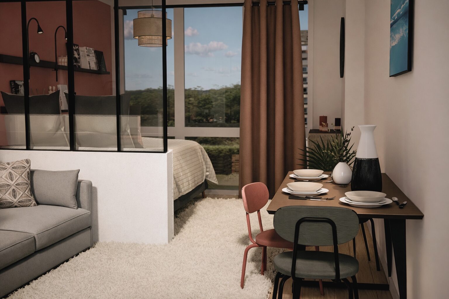 Projet Henin : salon d'un studio avec verrière intérieure et mur terracotta