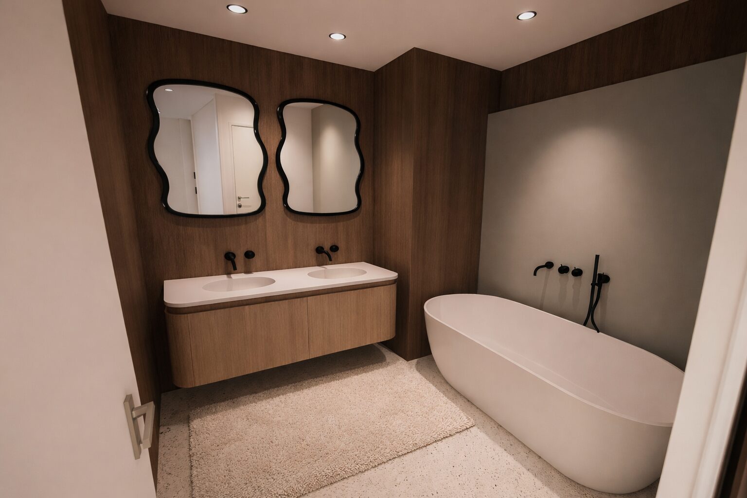 Projet Montrouge : salle de bains en bois avec baignoire îlot