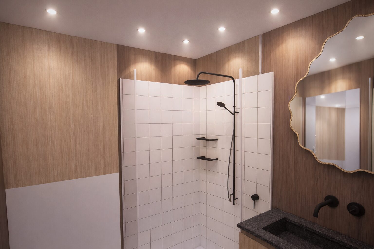 Salle de douche carrelée et bois