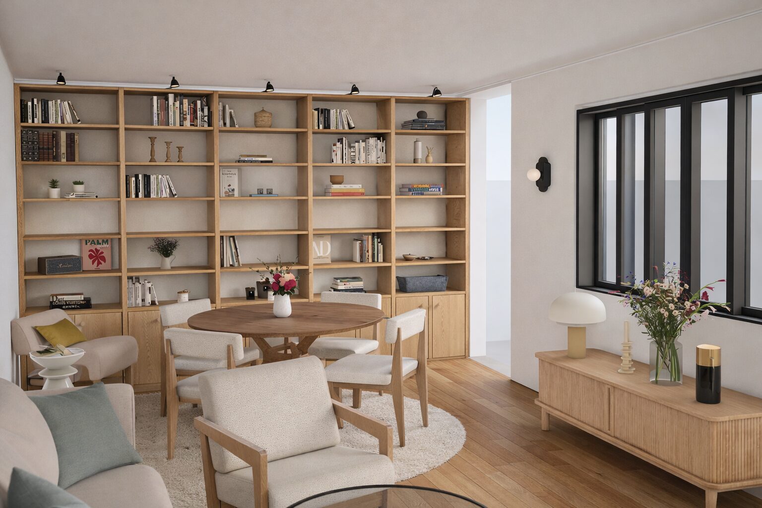 Séjour avec bibliothèque toute hauteur