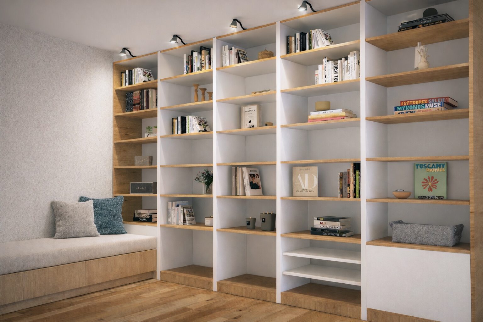Projet Pompidou : bibliothèque d'angle sur mesure en bois clair