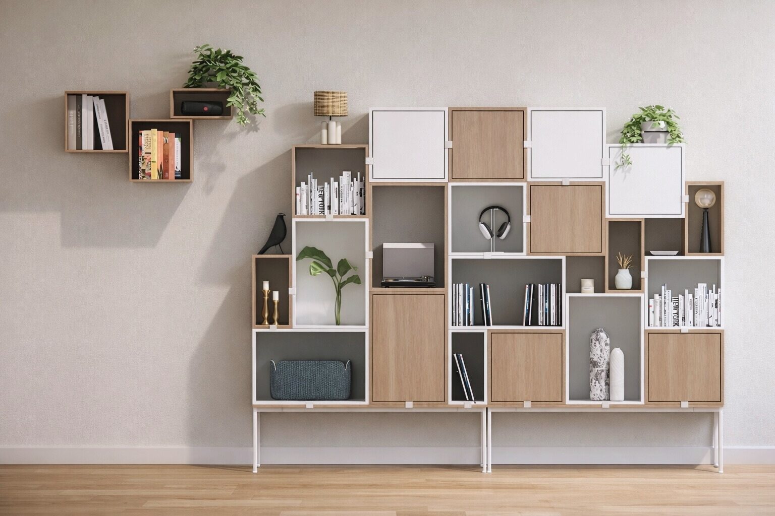 Bibliothèque modulaire aux caissons colorés