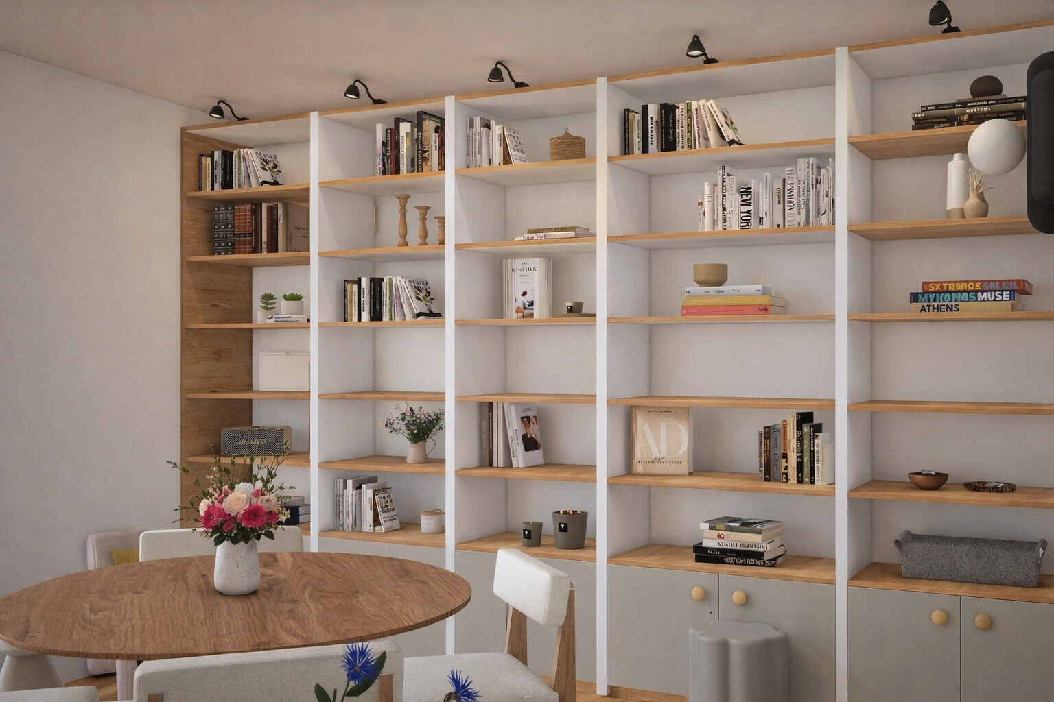Bibliothèque sur mesure et table ronde