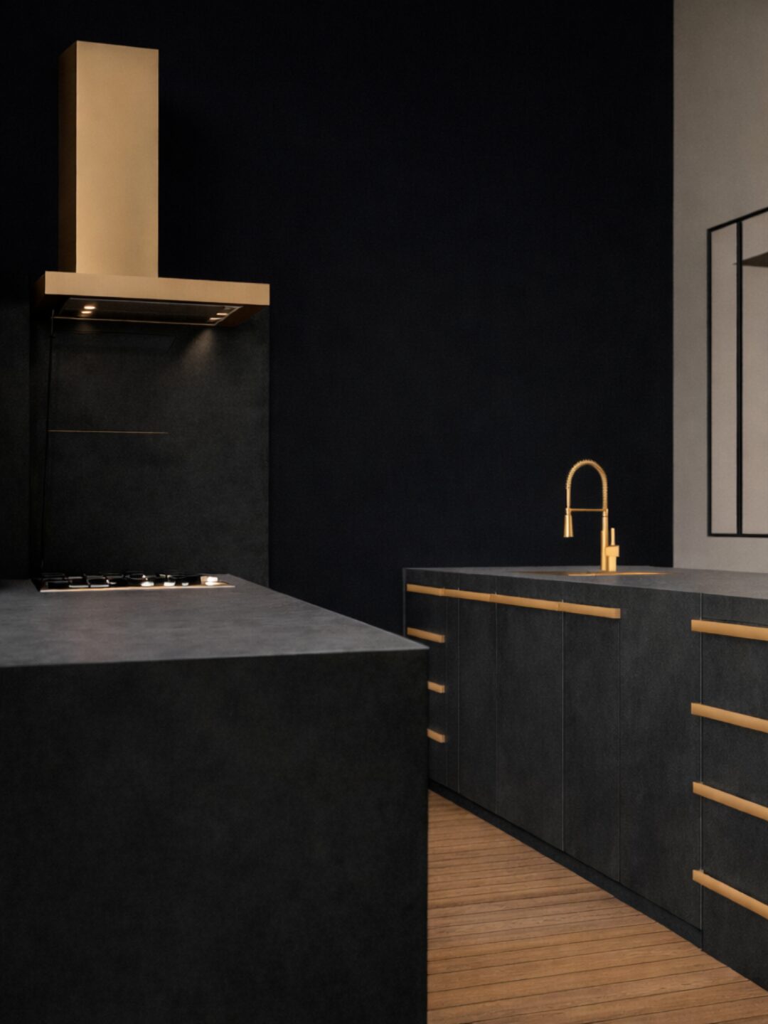 Projet Vernet : cuisine noir mat avec îlot central et détails laiton